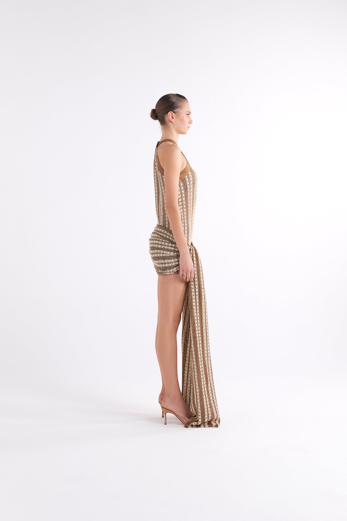 JULIETTE HALTER NECK PRINTED MINI ELBİSE WITH KNOT AND DRAPED DETAIL