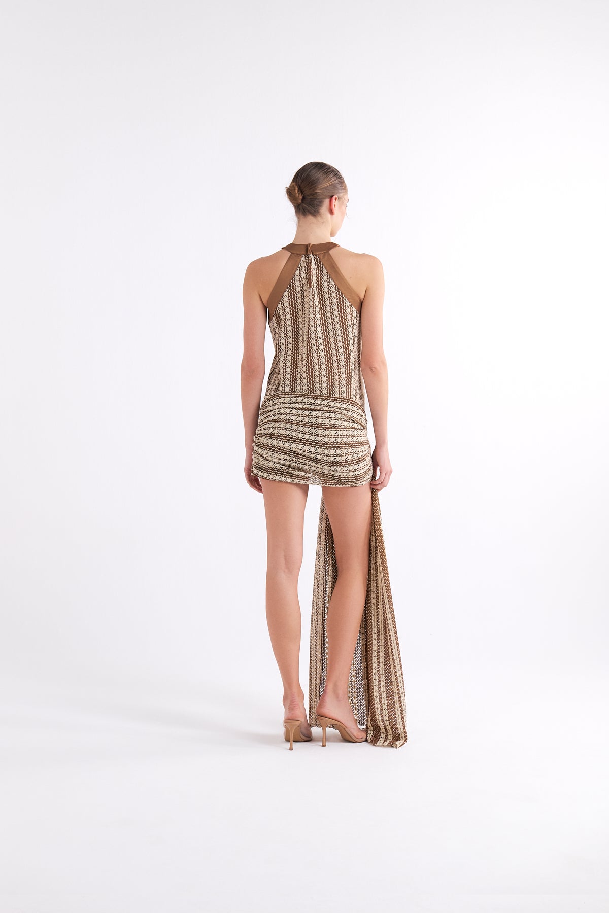 JULIETTE HALTER NECK PRINTED MINI ELBİSE WITH KNOT AND DRAPED DETAIL