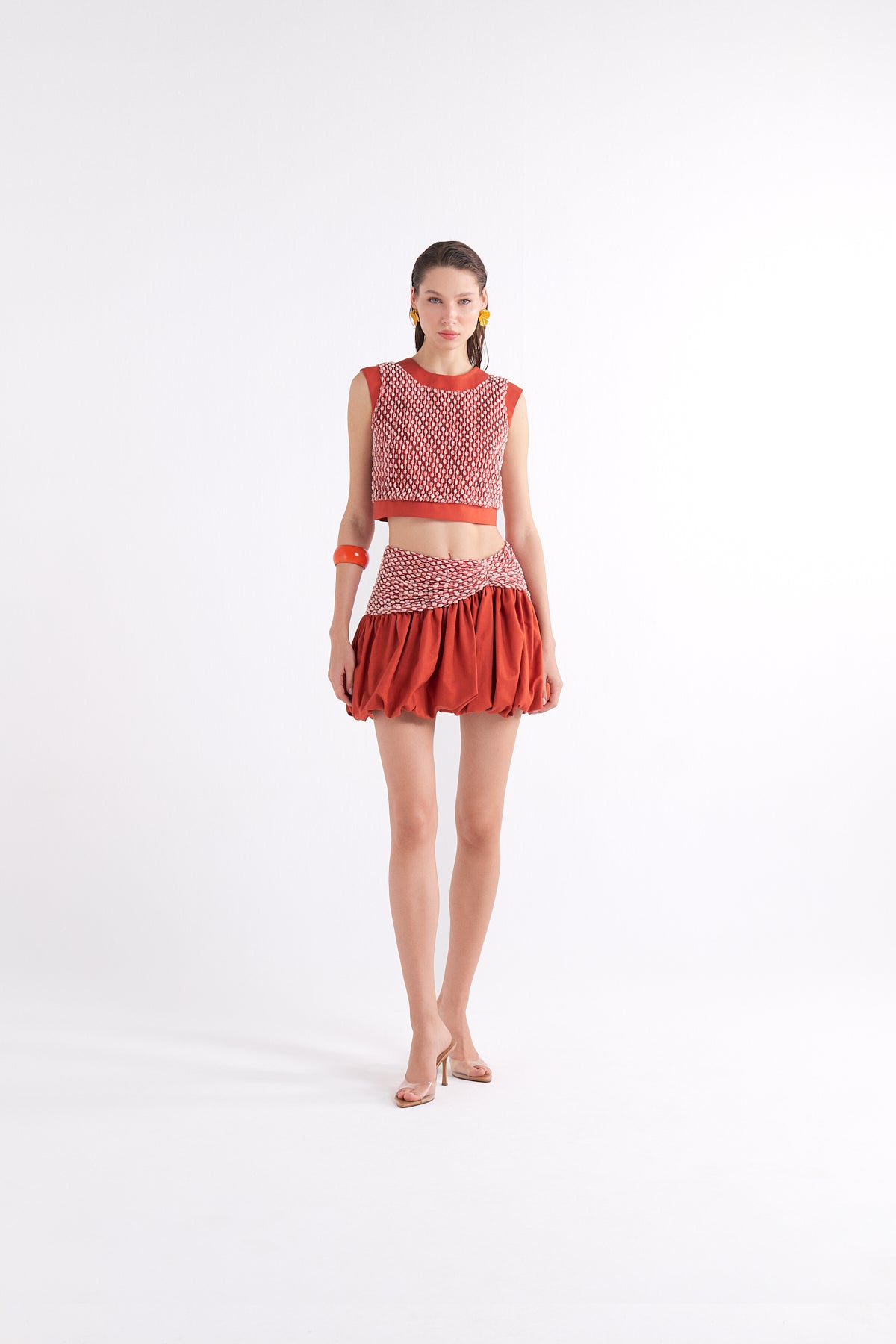 ESPERENZA TERRACOTTA HIGH-WAISTED MINI ETEK WITH DRAPED BUBBLE HEM