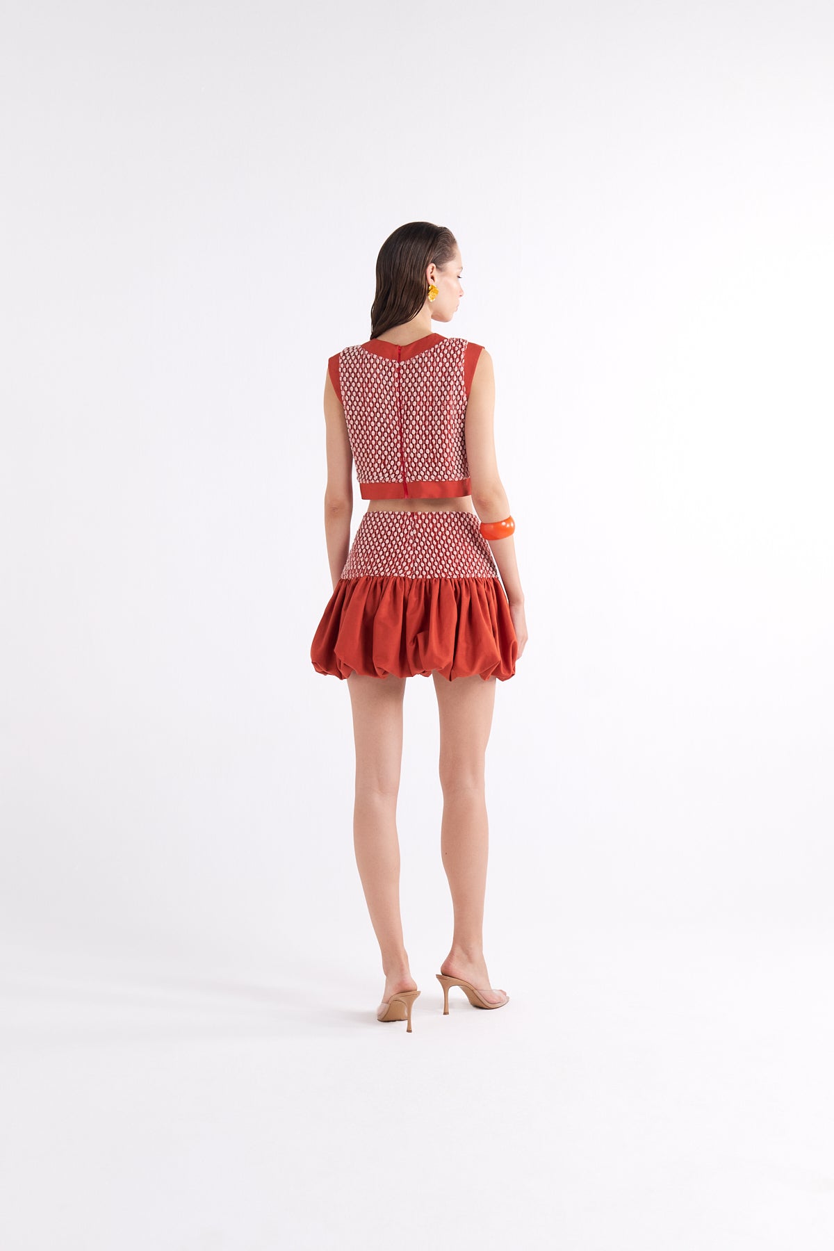 ESPERENZA TERRACOTTA HIGH-WAISTED MINI ETEK WITH DRAPED BUBBLE HEM