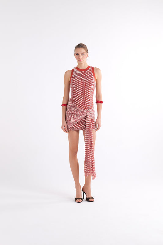 LYDIA TERRACOTTA KNOT-DETAIL BUBBLE-PATTERN MINI ELBİSE