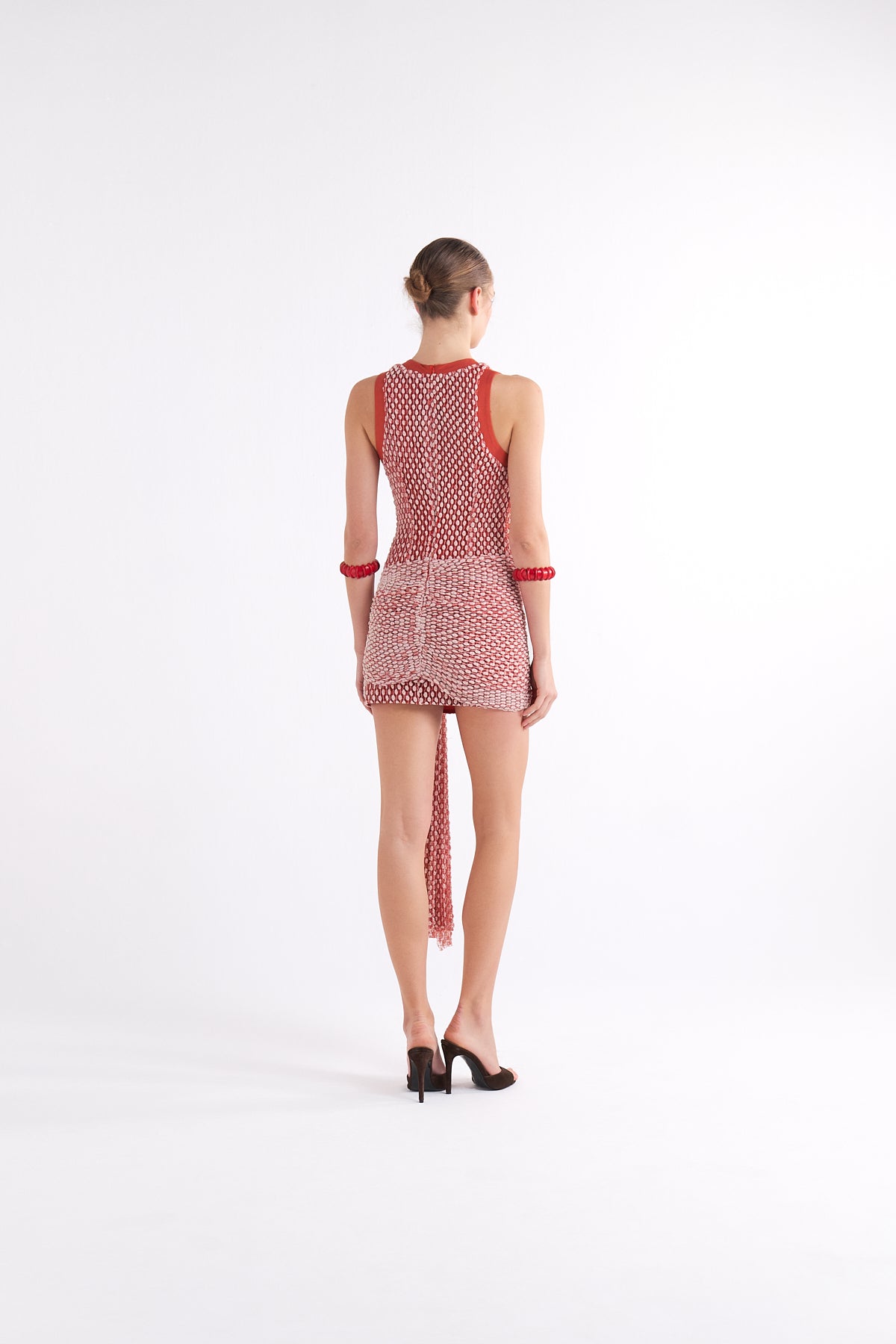 LYDIA TERRACOTTA KNOT-DETAIL BUBBLE-PATTERN MINI ELBİSE