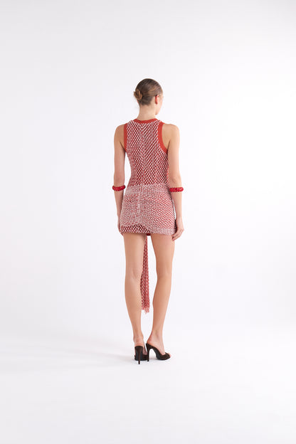 LYDIA TERRACOTTA KNOT-DETAIL BUBBLE-PATTERN MINI DRESS