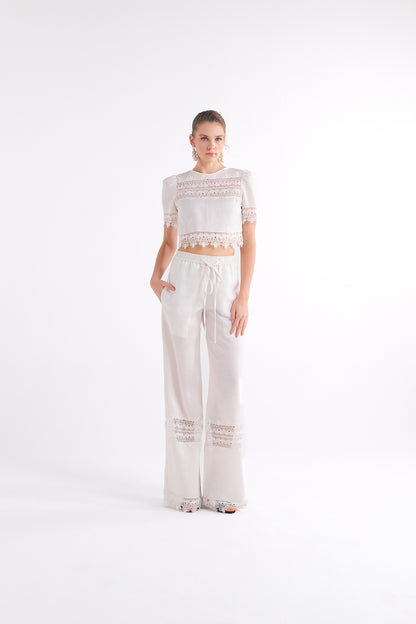 GABRIELLE WHITE WIDE-LEG DRAWSTRING PANTS WITH LACE DETAIL