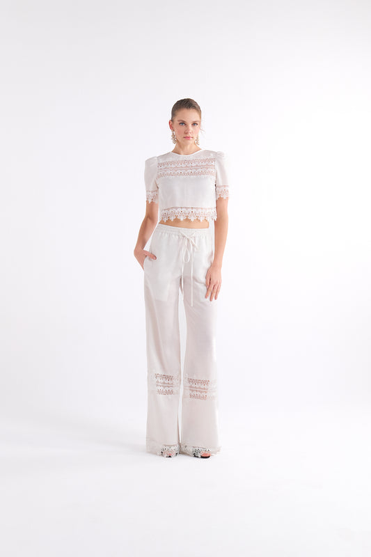 GABRIELLE WHITE WIDE-LEG DRAWSTRING DANTEL DETAYLI PANTOLON