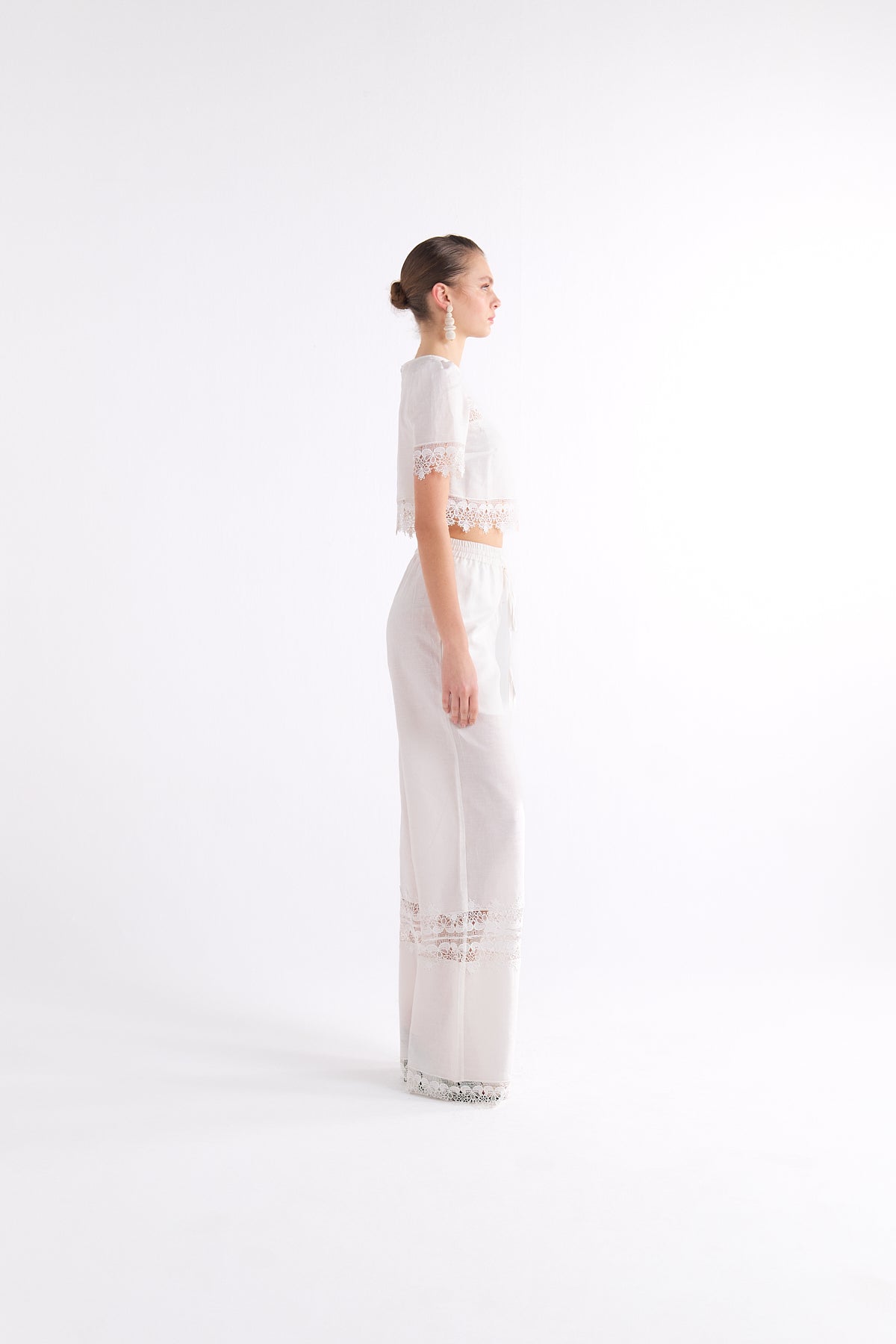 GABRIELLE WHITE WIDE-LEG DRAWSTRING DANTEL DETAYLI PANTOLON