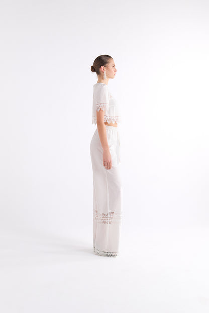 GABRIELLE WHITE WIDE-LEG DRAWSTRING PANTS WITH LACE DETAIL