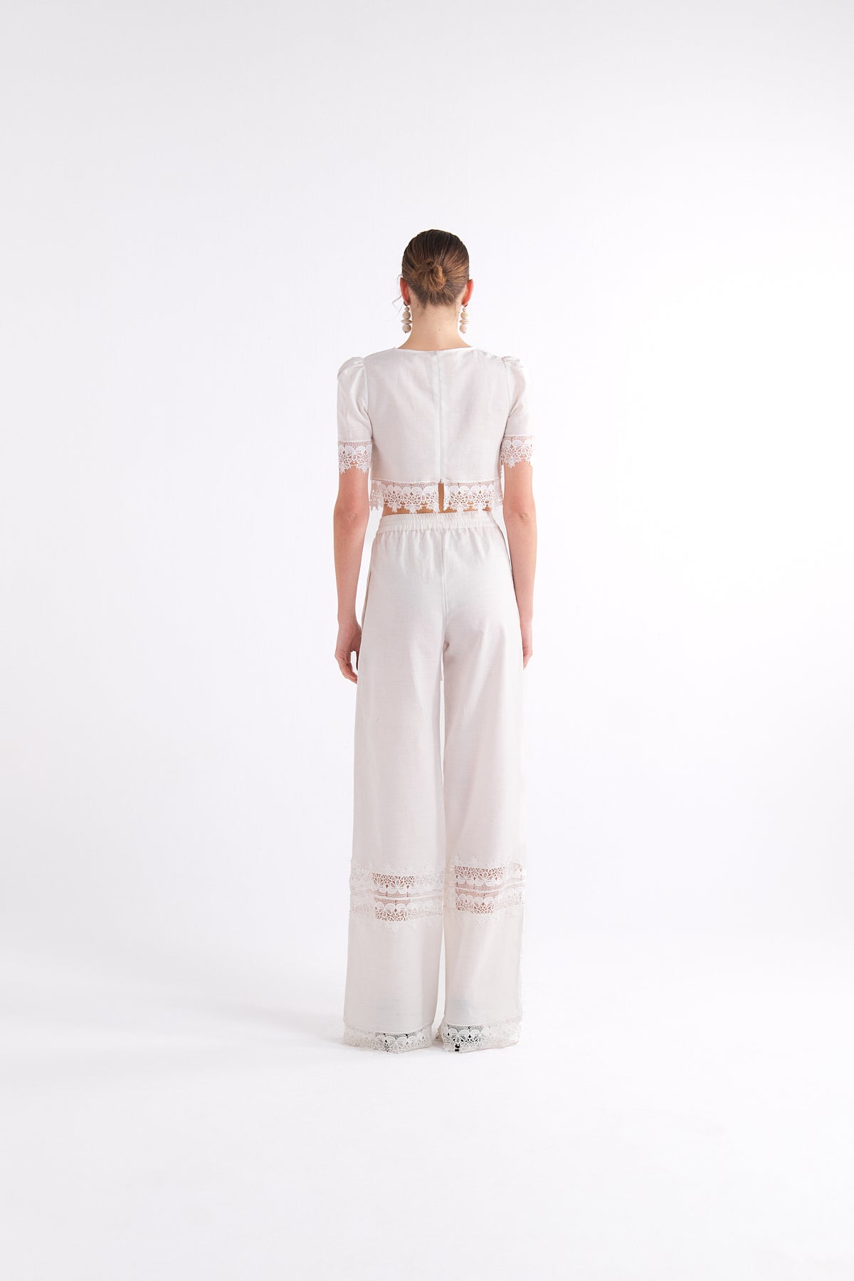 GABRIELLE WHITE WIDE-LEG DRAWSTRING DANTEL DETAYLI PANTOLON