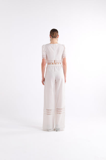 GABRIELLE WHITE WIDE-LEG DRAWSTRING PANTS WITH LACE DETAIL