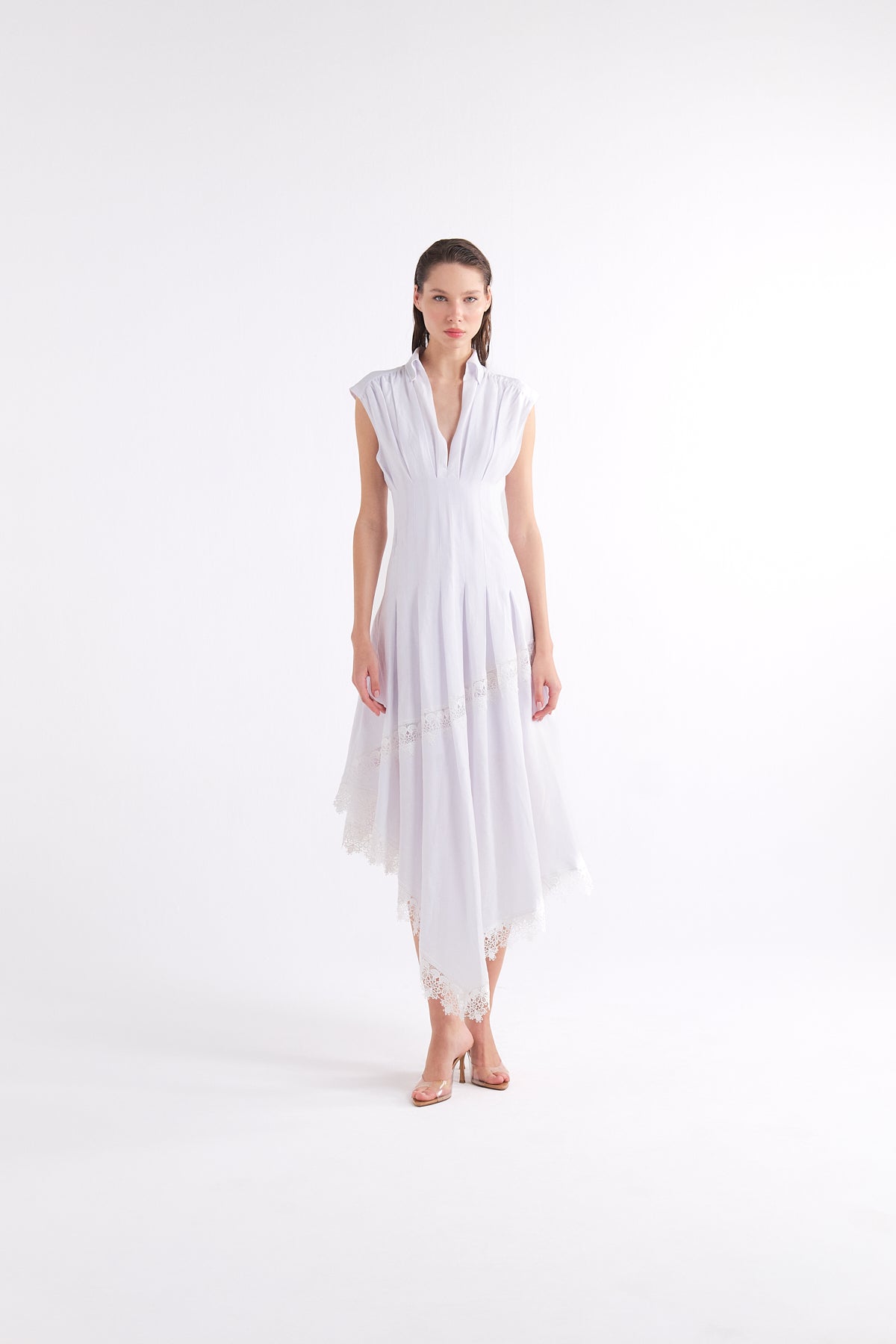 SIMONA WHITE V-NECK ASİMETRİK MIDI ELBİSE