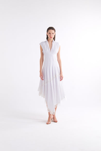 SIMONA WHITE V-NECK MIDI DRESS WITH ASYMMETRIC HEM