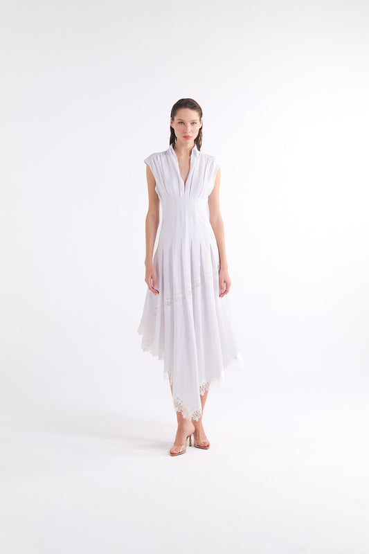 SIMONA WHITE V-NECK ASİMETRİK MIDI ELBİSE