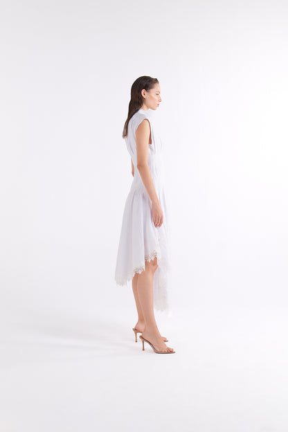 SIMONA WHITE V-NECK MIDI DRESS WITH ASYMMETRIC HEM