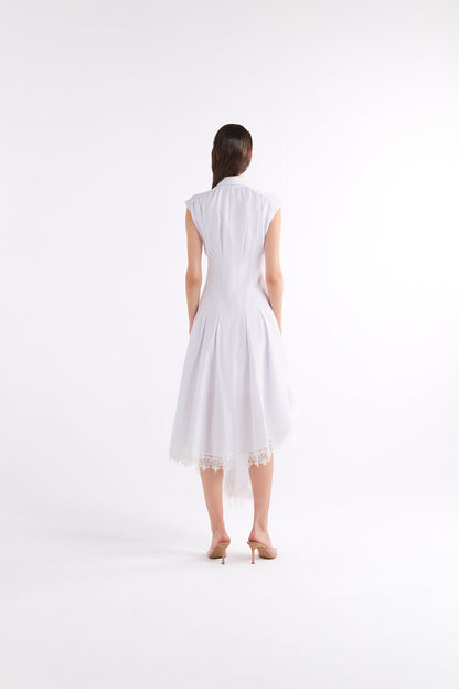 SIMONA WHITE V-NECK MIDI DRESS WITH ASYMMETRIC HEM