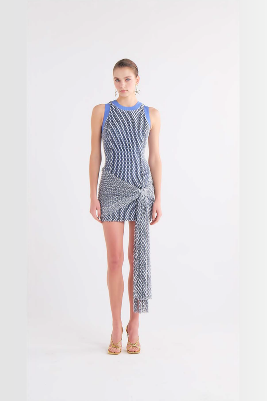 LYDIA BLUE KNOT-DETAYLI BUBBLE-PATTERN MINI ELBİSE